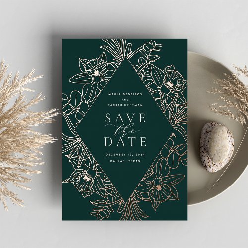 Forest  Floral Diamond Foil Save the Date Card