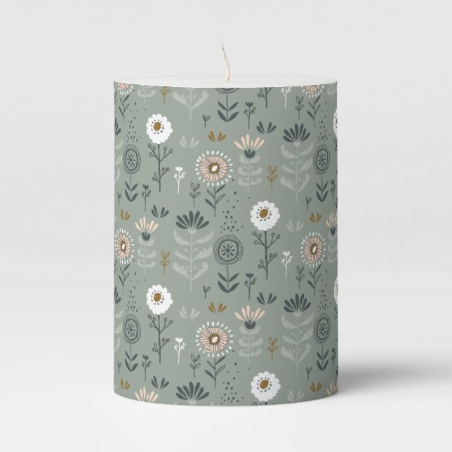 Forest Floral Sage Green Pillar Candle (Front)