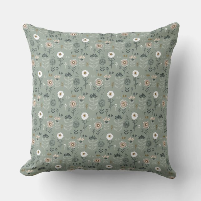 Forest Floral Sage Green Throw Pillow (Front)