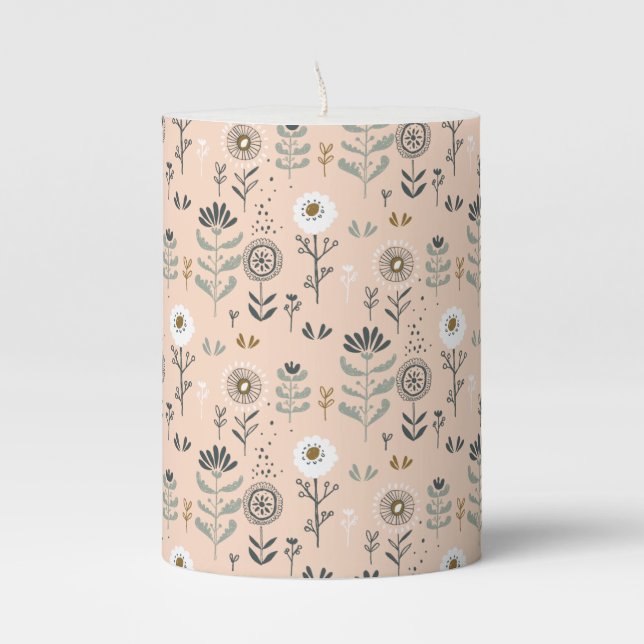Forest Floral Soft Peach Pillar Candle (Front)