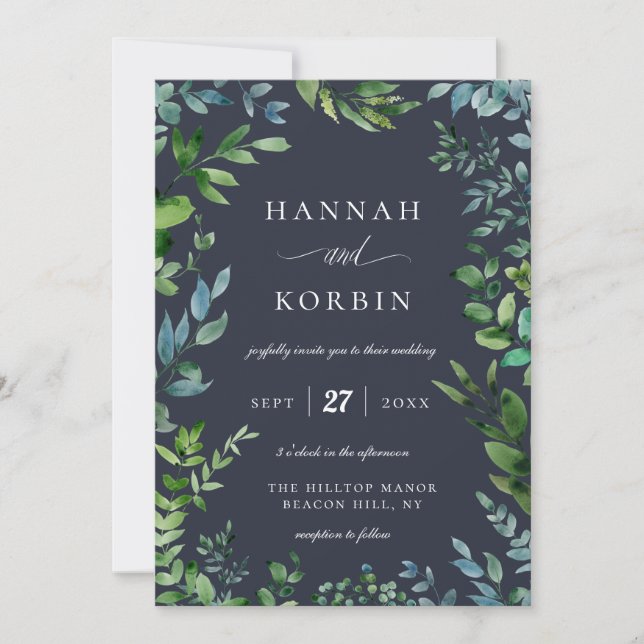Forest Foliage Frame | Navy Blue Wedding Invitation (Front)