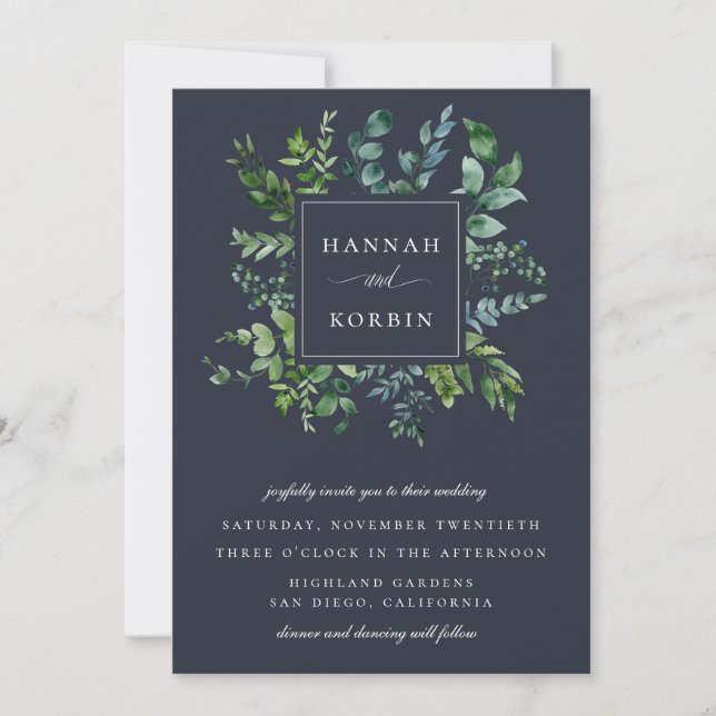 Forest Foliage Frame Navy Blue Wedding Invitation (Front)