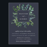 Forest Foliage Frame Navy Blue Wedding Invitation<br><div class="desc">Rustic foliage frame,  wedding invitation. Elegant watercolor greenery in chic shades of green and blue. Card features solid navy blue background color.</div>