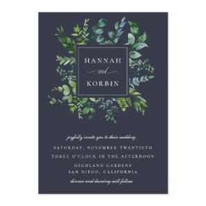Forest Foliage Frame Navy Blue Wedding Invitation