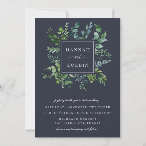 Forest Foliage Frame Navy Blue Wedding Invitation