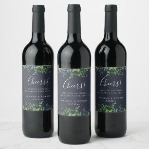 Forest Foliage Frame Navy Blue Wedding Wine Label