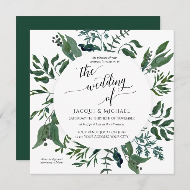 Forest Foliage Wedding Watercolor Wreath | Square Invitation (Front/Back)
