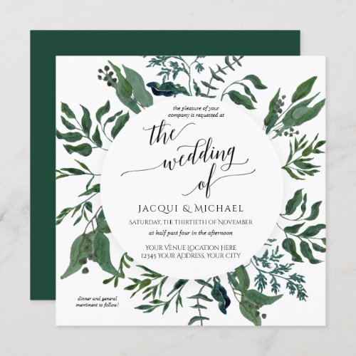 Forest Foliage Wedding Watercolor Wreath  Square Invitation