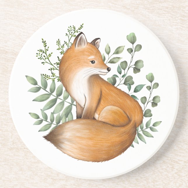 Forest Fox | Watercolor Woodland Animal Greenery Coaster (Front)