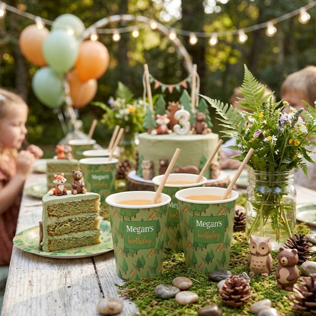 Forest Fox Woodland Greenery Personalized Birthday Paper Cups (Creator Uploaded)