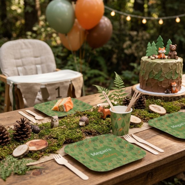 Forest Fox Woodland Greenery Personalized Birthday Paper Plates (Creator Uploaded)