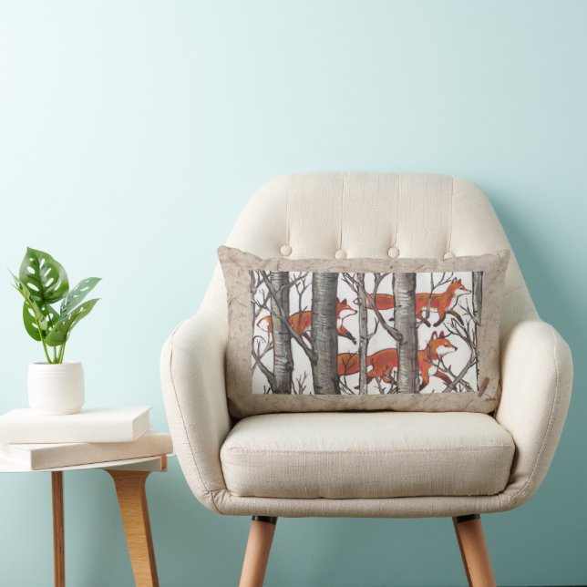 Forest Foxes Fall Tan Gray Designer Lumbar Pillow (Chair)