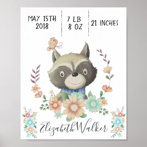 forest friend baby racoon birth stats monogram poster