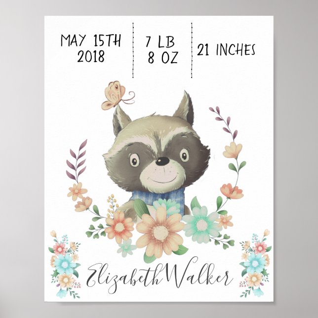 forest friend baby racoon birth stats monogram poster (Front)