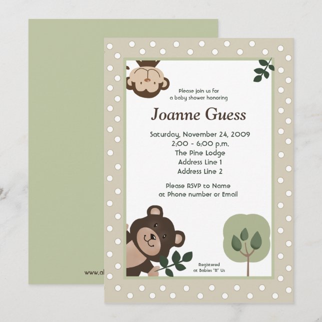 Forest Friends Bear & Monkey Baby Shower Invitation (Front/Back)