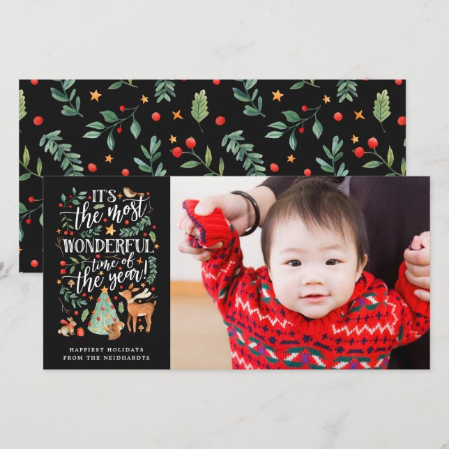 Forest Friends | Black | Photo Holiday Card (Front/Back)