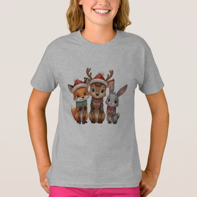 Forest Friends Christmas – Woodland Animals Kids  T-Shirt (Front)