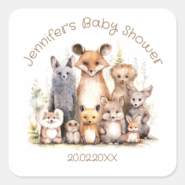 Forest Friends | Cute Animals | Baby Shower Square Sticker (Front)