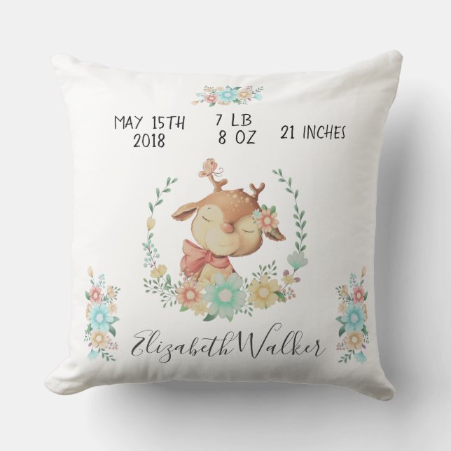 forest friends cute baby deer birth stats nursery throw pillow (Front)