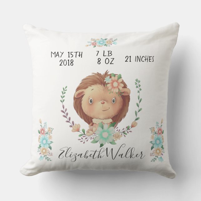 forest friends cute  hedgehog birth stats nursery throw pillow (Front)