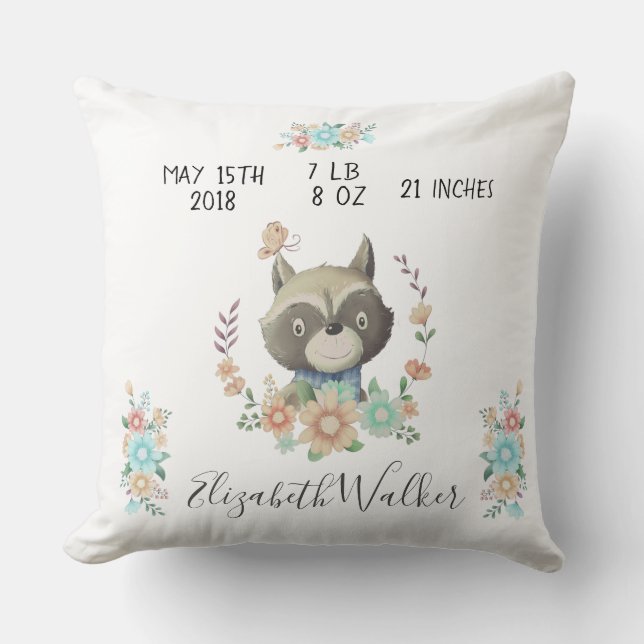forest friends cute racoon birth stats nursery throw pillow (Front)