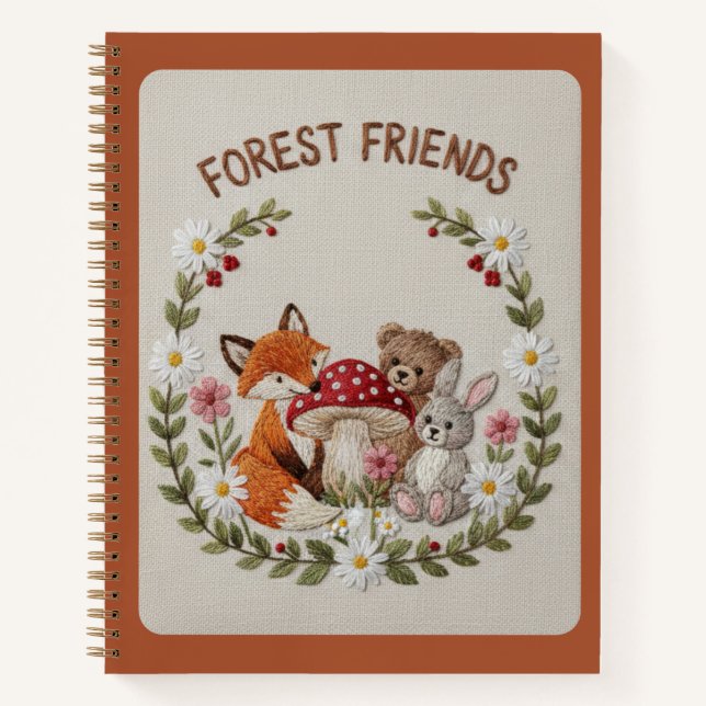 Forest Friends Embroidered Fox, Bear & Bunny Notebook (Front)