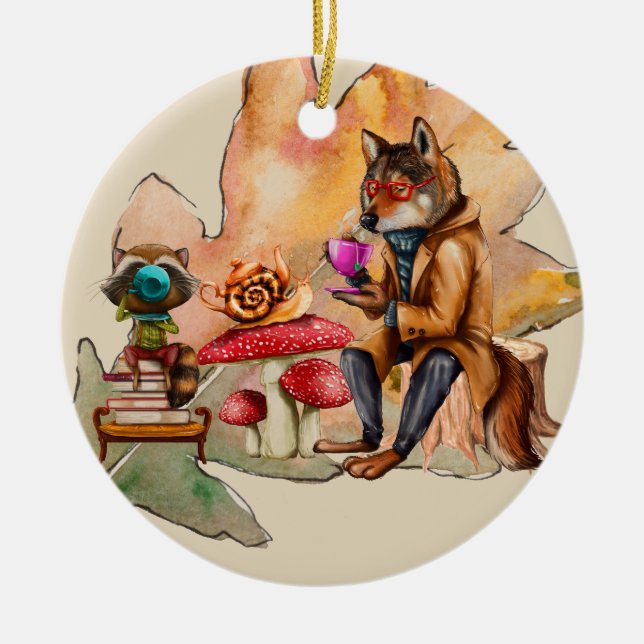Forest Friends Tea Party Ceramic Ornament (Front)