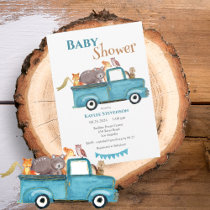 Forest Friends Watercolor Blue Baby Shower Invitation