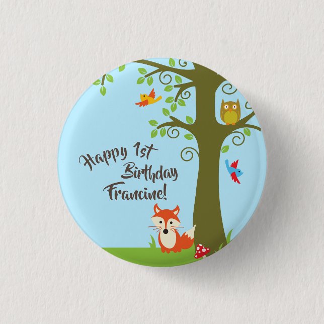 Forest Friends Woodland Cute 1st Birthday Party Button (Front)