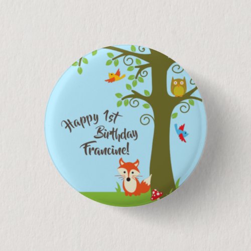 Forest Friends Woodland Cute 1st Birthday Party Button