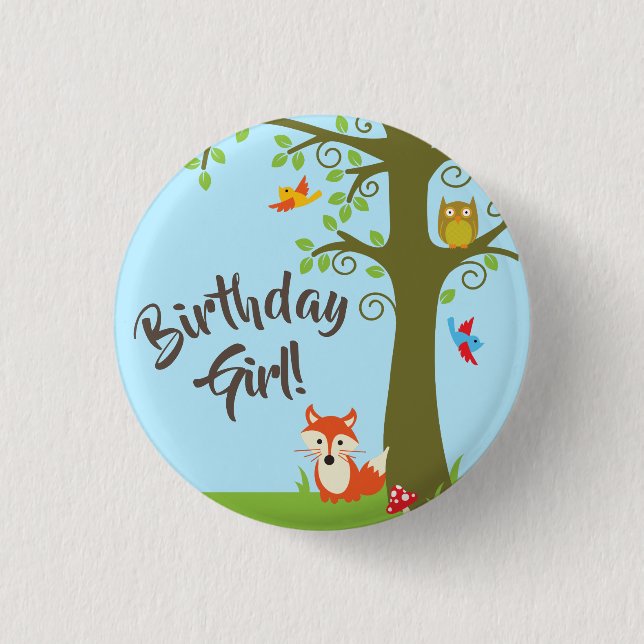 Forest Friends Woodland Cute 1st Birthday Party Button (Front)