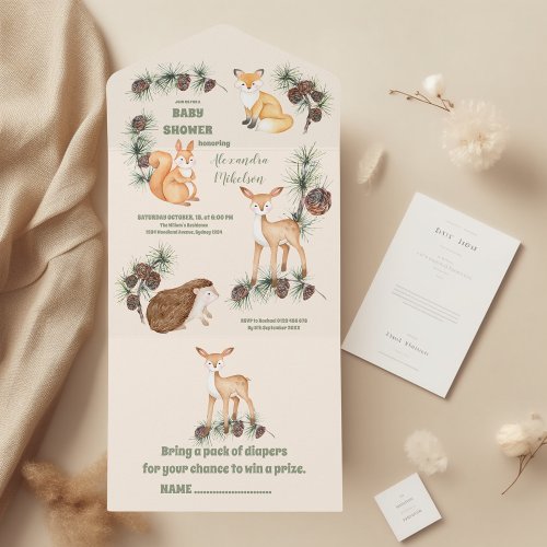 Forest Friends  Woodland Greenery Baby Shower All In One Invitation