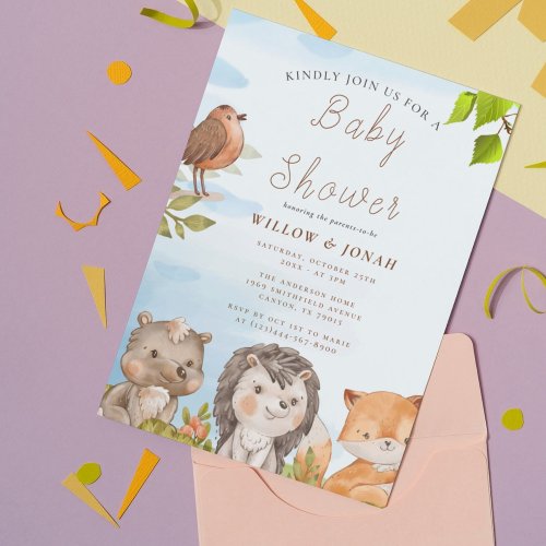 Forest Friends  Woodland Greenery Baby Shower  Invitation