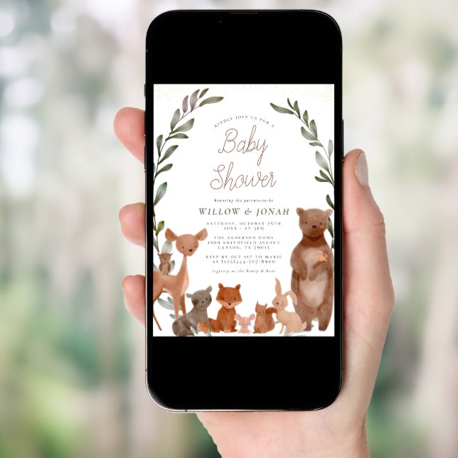 Forest Friends & Woodland Greenery Baby Shower Invitation (Front Digital)