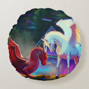 Forest Friends - Young Dragon and Young Pegasus Round Pillow