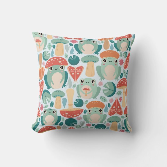Forest Frogs and Mushrooms Pattern Throw Pillow (Front)