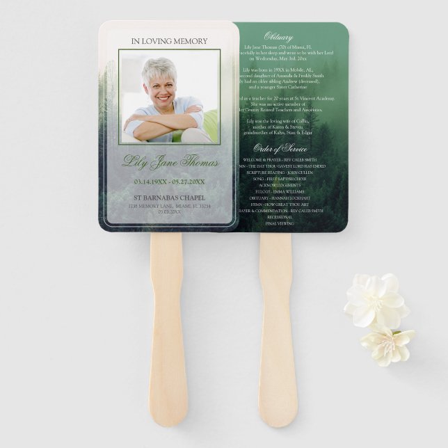 Forest Funeral Program Memorial Ceremony Hand Fan (Front and Back)