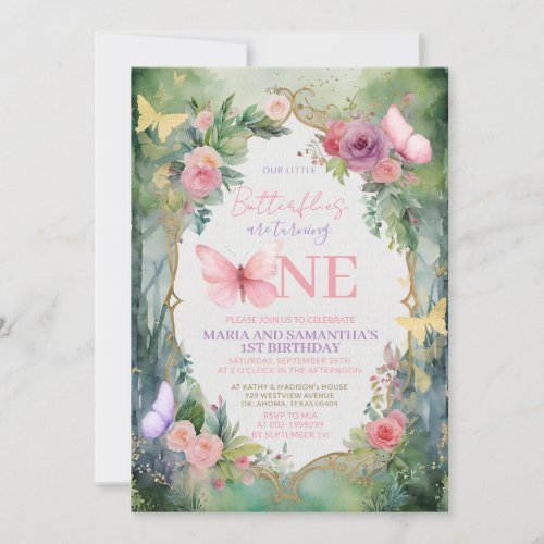 Forest Garden Pink Butterfly Birthday Party  Invitation