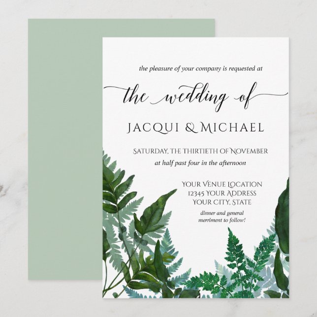 Forest Gathered Fern Foliage Watercolor Wedding Invitation (Front/Back)