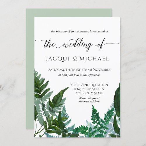 Forest Gathered Fern Foliage Watercolor Wedding Invitation