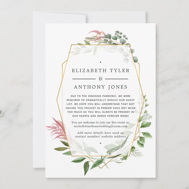 Forest Geometric Herbarium Reduced Wedding Guests Announcement (Front)