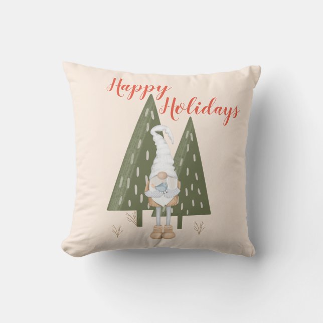 Forest Gnome Happy Holidays Christmas Throw Pillow (Front)