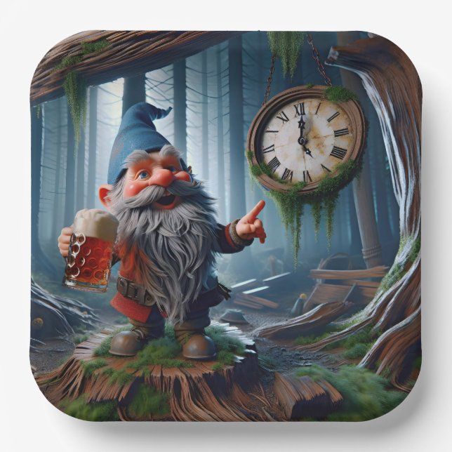 Forest Gnome On Five o'clock Time Paper Plates (Front)