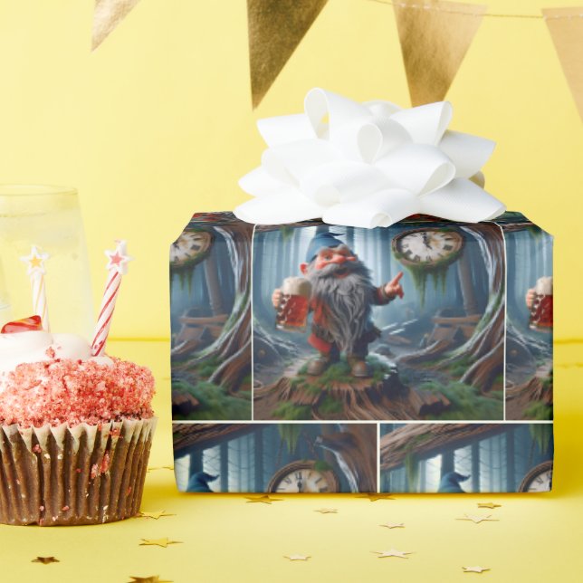 Forest Gnome On Five o'clock Time Wrapping Paper (Birthday Party)
