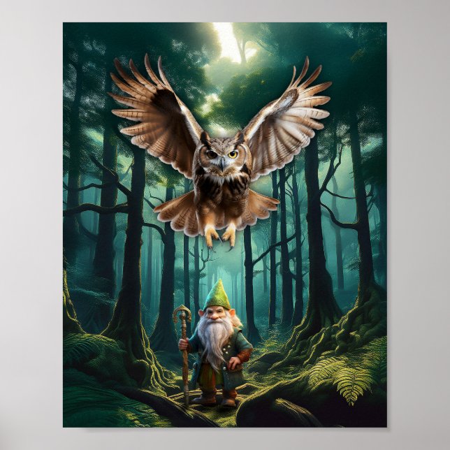 Forest Gnome With His Horned Owl Guardian Poster (Front)