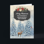Forest Goddaughter and Her Husband Merry Christmas Card<br><div class="desc">Merry Christmas for goddaughter and her husband card with rustic country chalkboard pattern and snowy watercolor forest scene with deer and birds.</div>