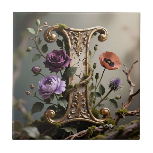 Forest Gold Patina Letter I Monogram Ceramic Tile (Front)