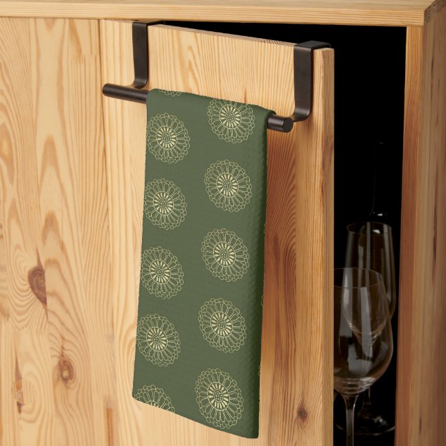Forest | Golden Zinnia Flower Medallions Kitchen Towel (Thirds Fold)