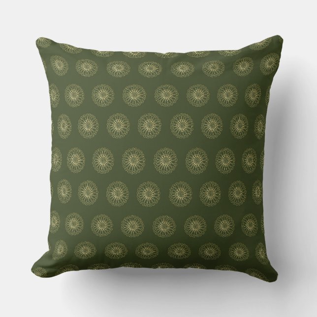Forest | Golden Zinnia Flower Medallions Throw Pillow (Front)
