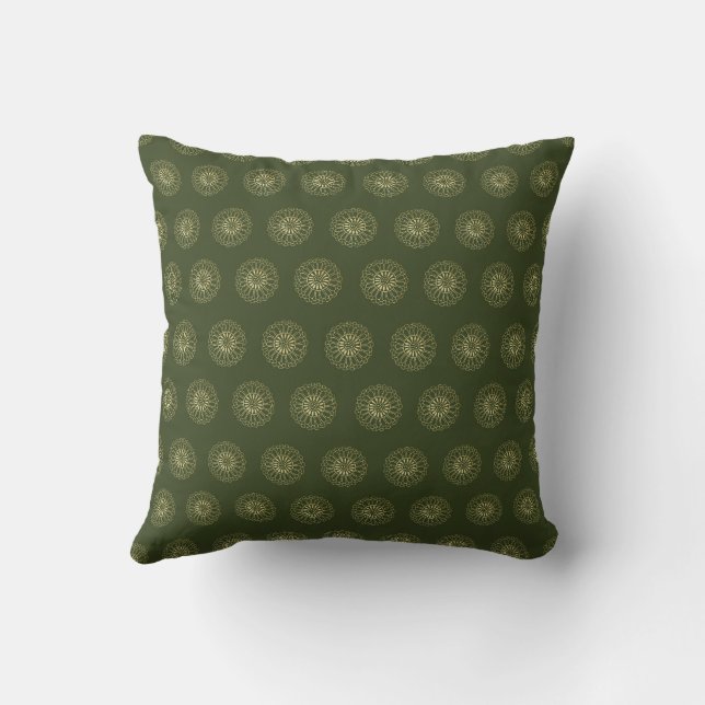 Forest | Golden Zinnia Flower Medallions Throw Pillow (Back)